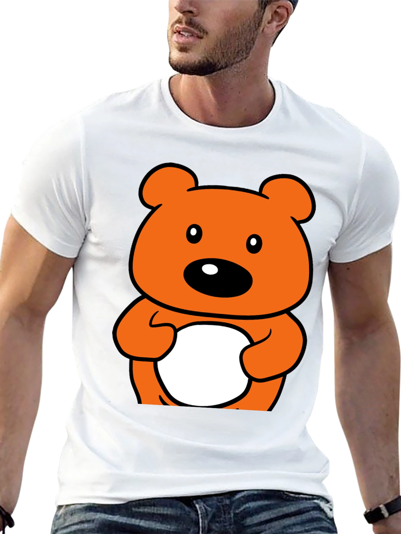 Cute Orange Cartoon Bear Graphic Black T-Shirt