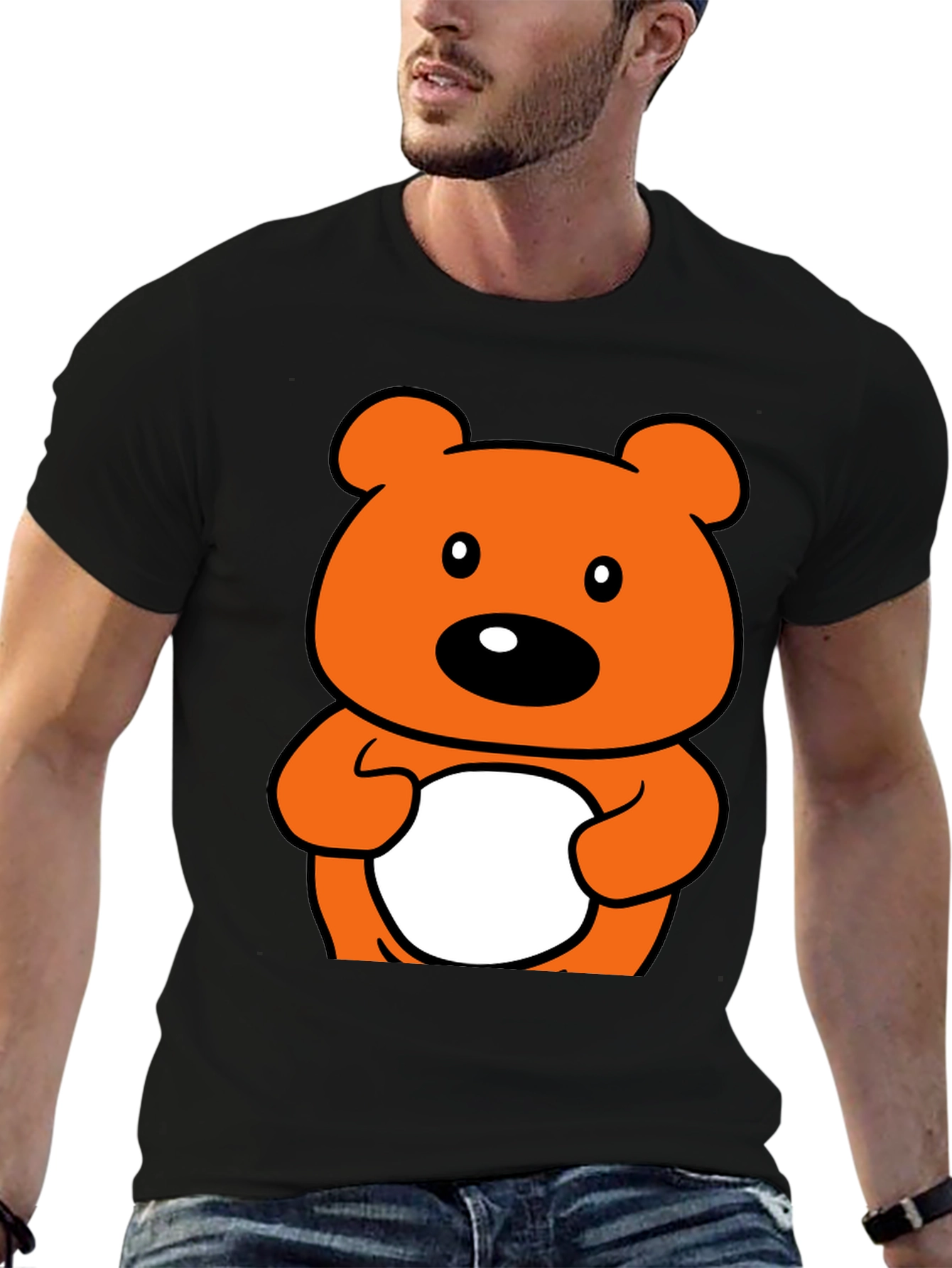 Cute Orange Cartoon Bear Graphic Black T-Shirt