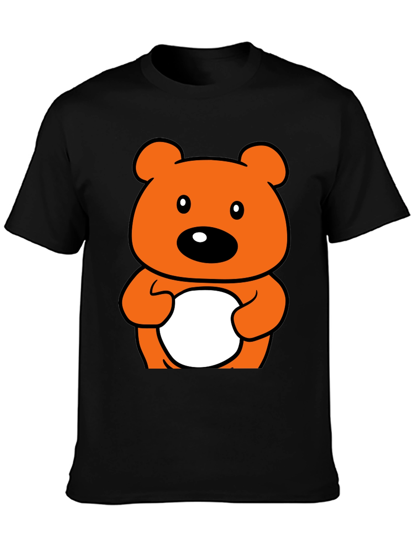 Cute Orange Cartoon Bear Graphic Black T-Shirt