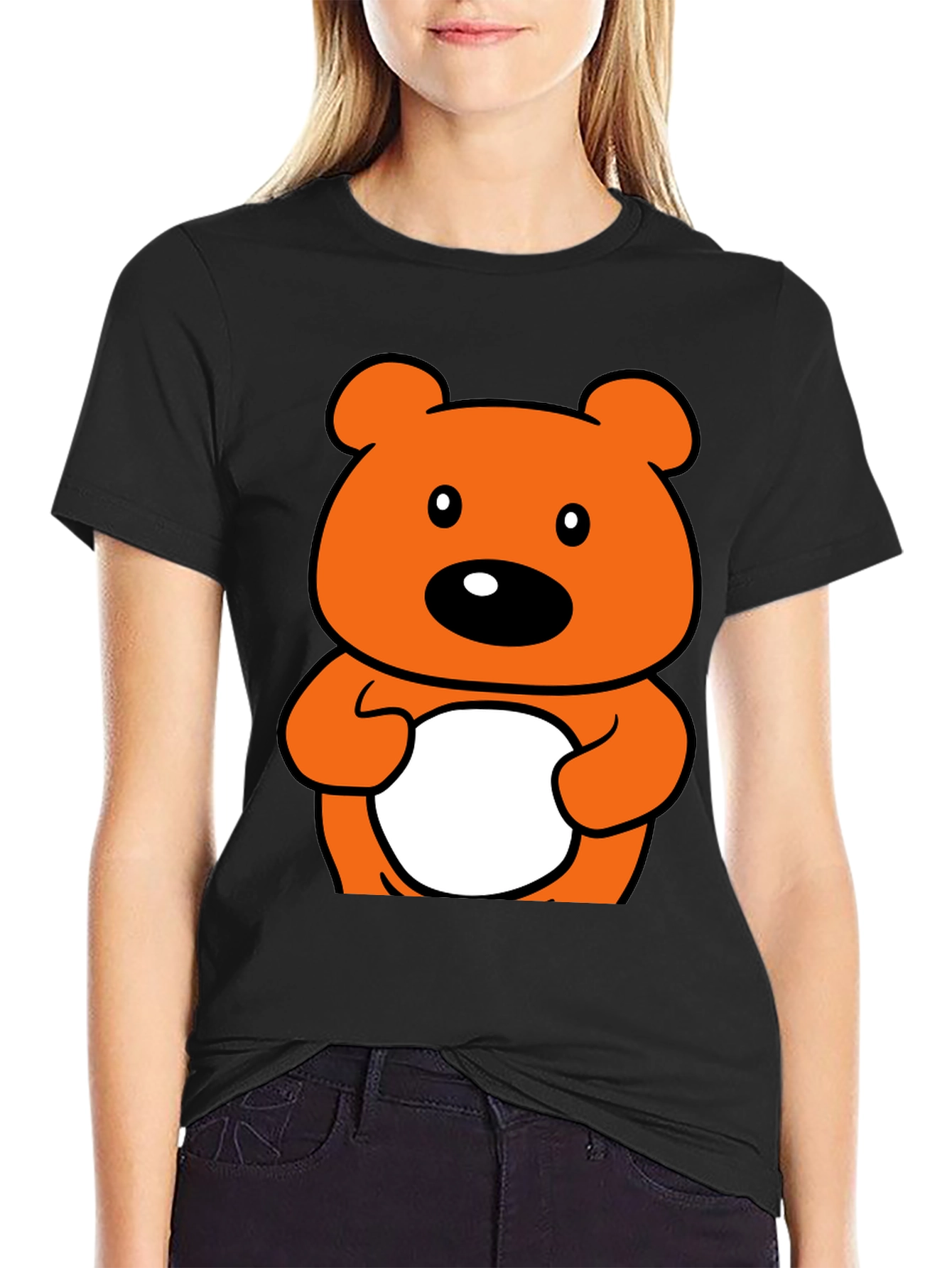 Cute Orange Cartoon Bear Graphic Black T-Shirt