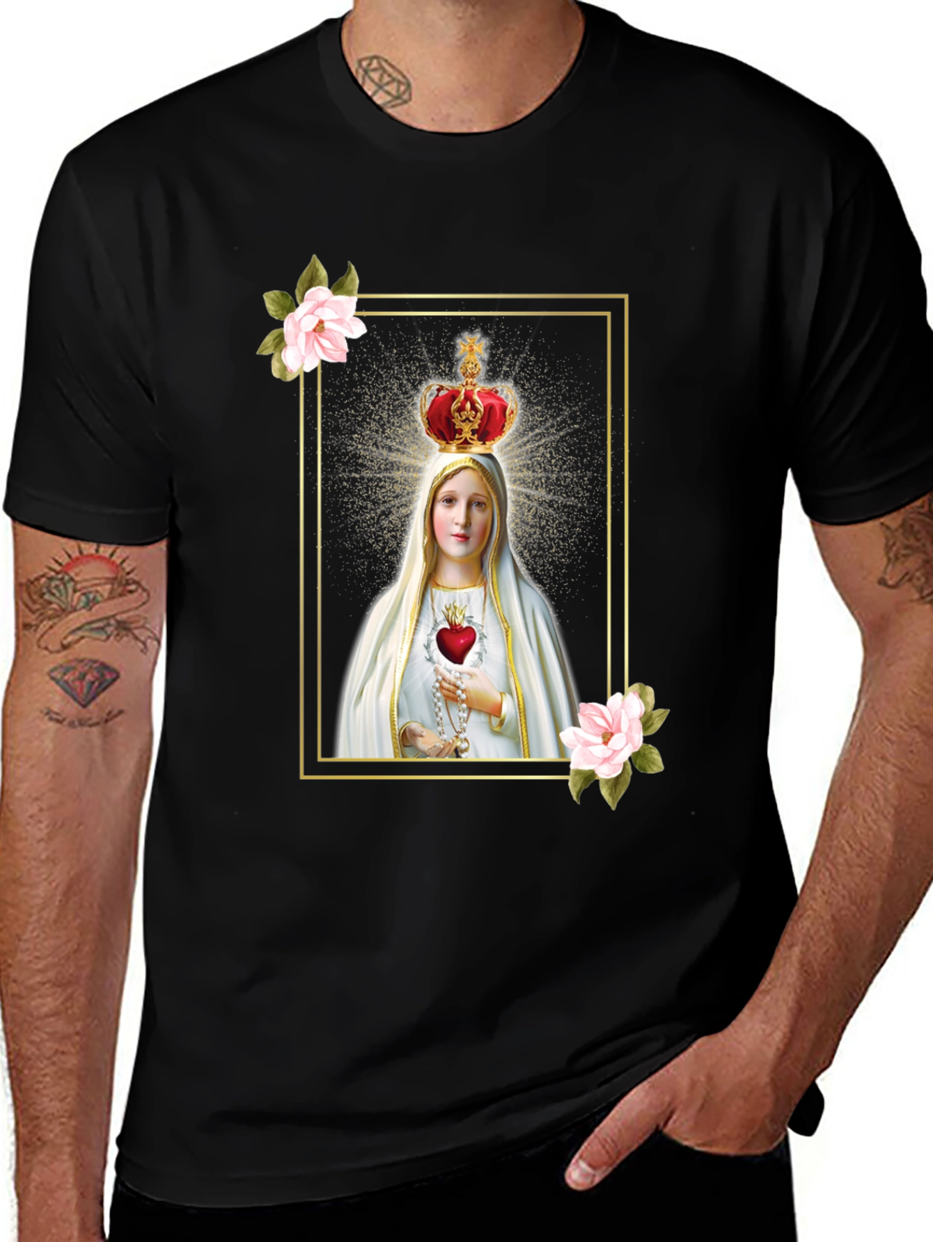 Virgin Mary Graphic Tee - Religious Black T-Shirt