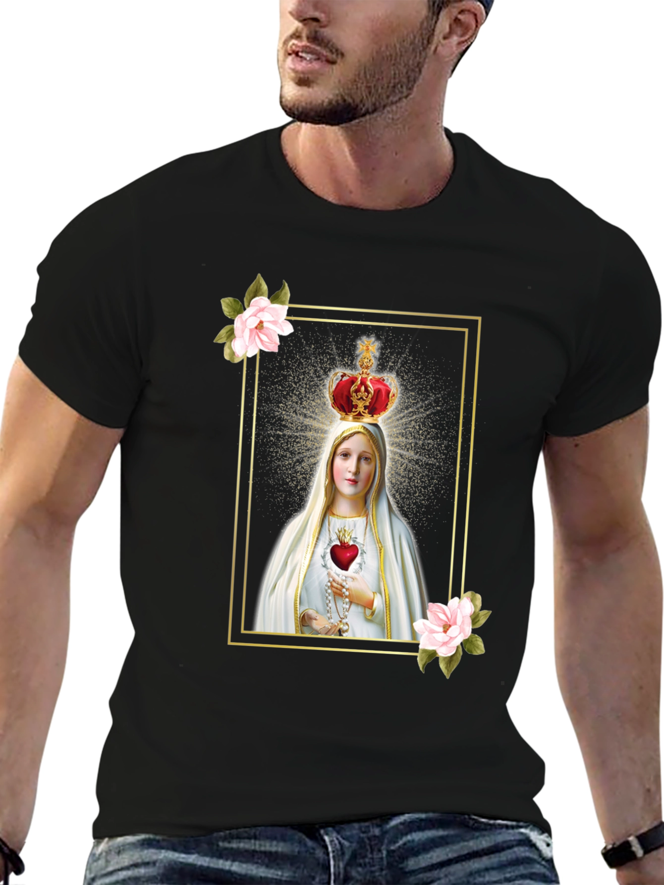 Virgin Mary Graphic Tee - Religious Black T-Shirt