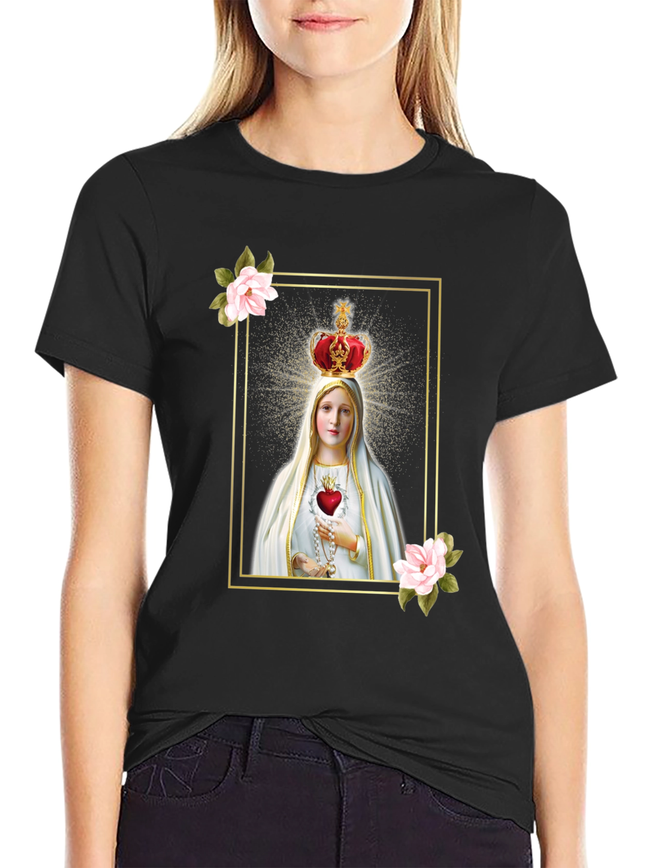Virgin Mary Graphic Tee - Religious Black T-Shirt