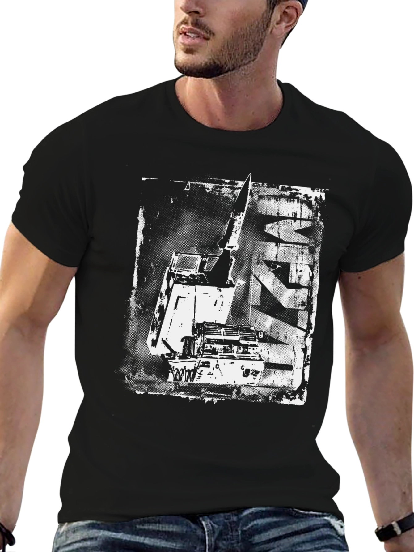 Distressed Crane Graphic Black T-Shirt