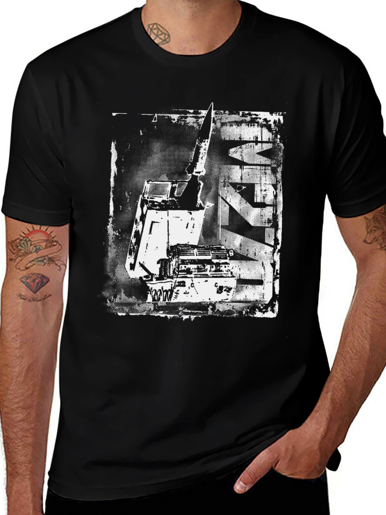 Distressed Crane Graphic Black T-Shirt