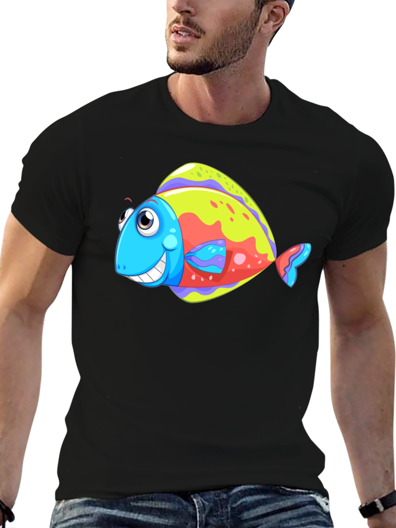 Funny Fish Graphic Tee - Black Cotton T-Shirt