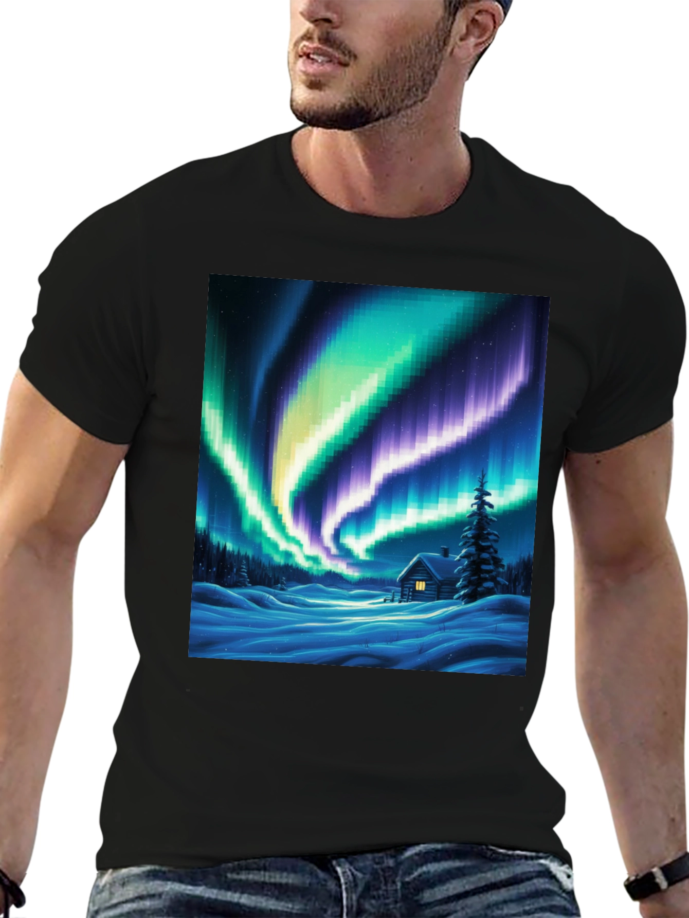 Aurora Cabin T-Shirt: Winter Night Scene