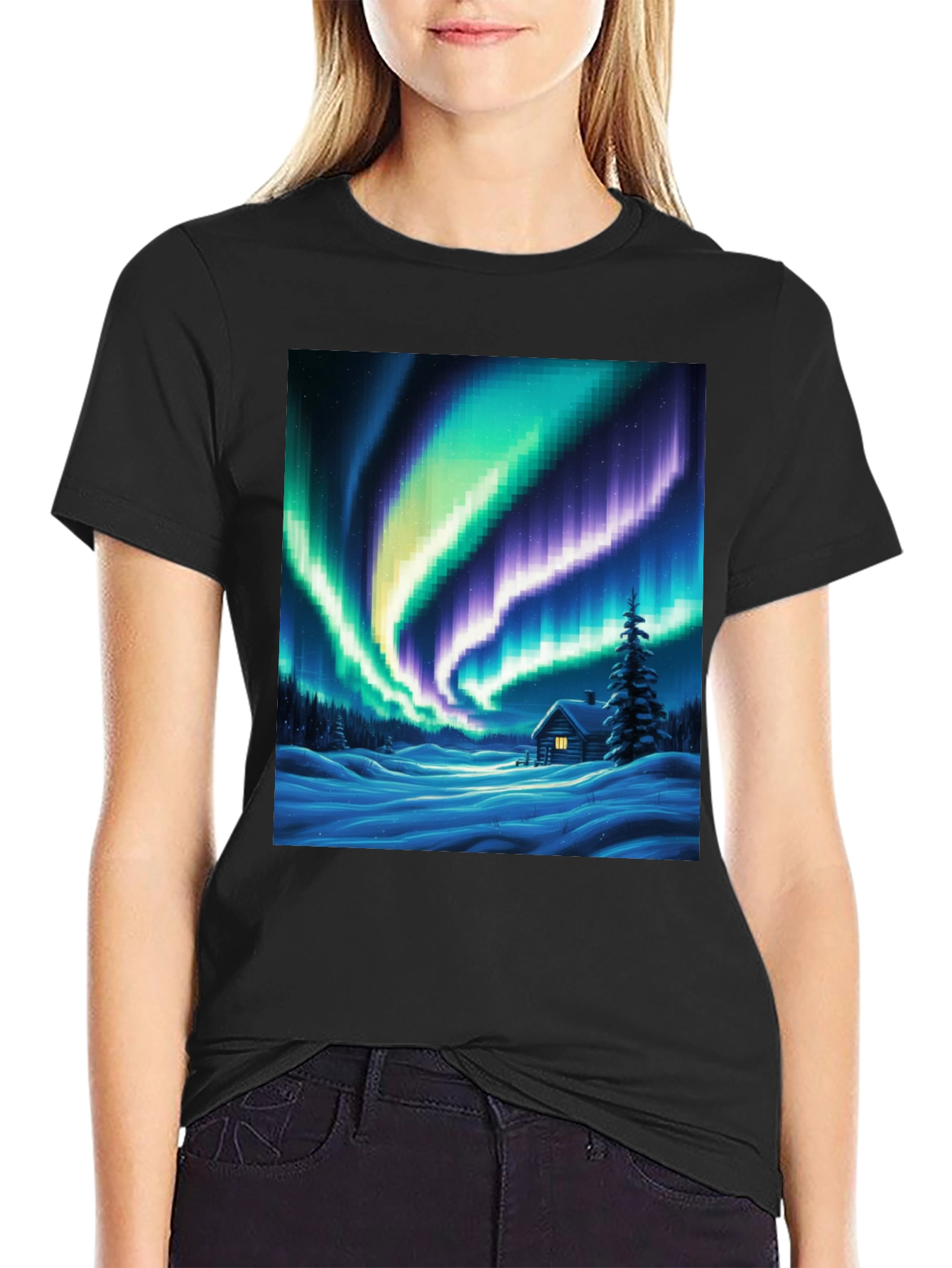 Aurora Cabin T-Shirt: Winter Night Scene