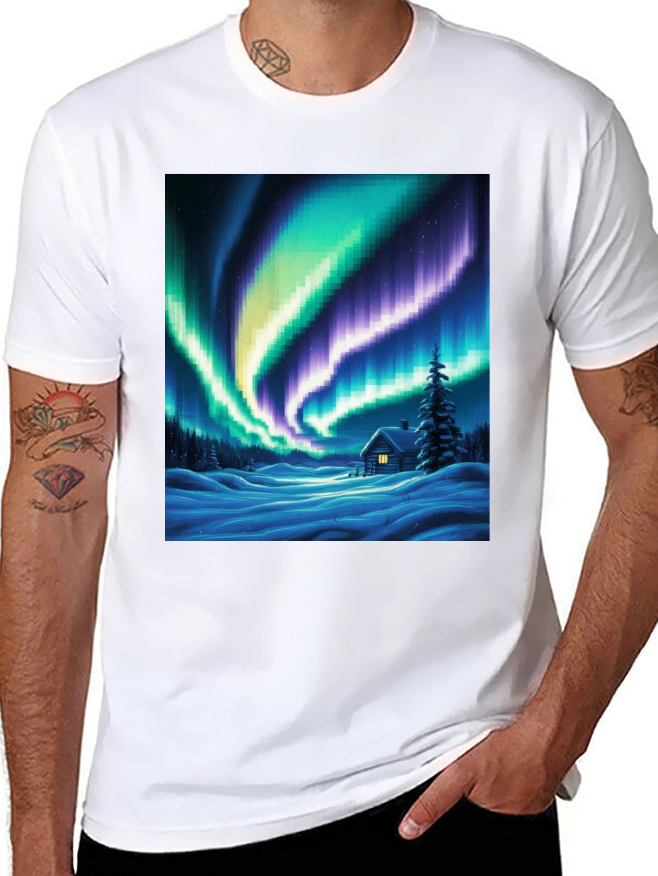 Aurora Cabin T-Shirt: Winter Night Scene