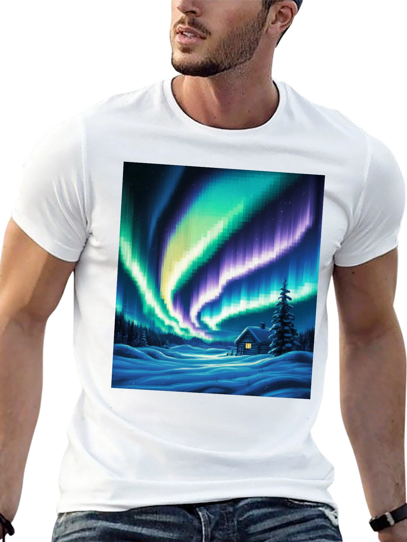 Aurora Cabin T-Shirt: Winter Night Scene