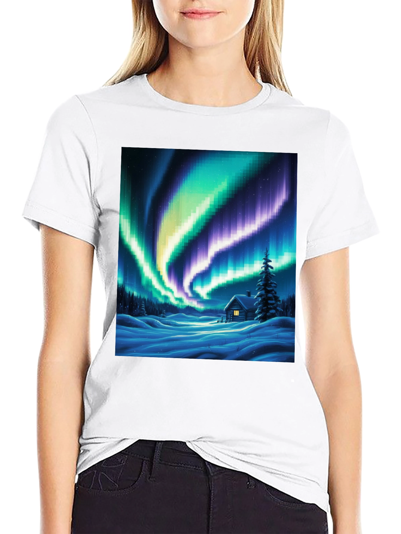 Aurora Cabin T-Shirt: Winter Night Scene
