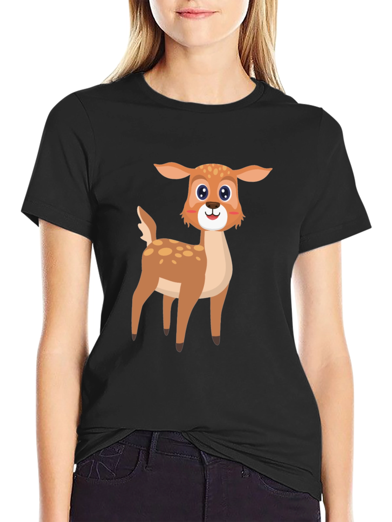 Cartoon Deer Graphic Tee - Black