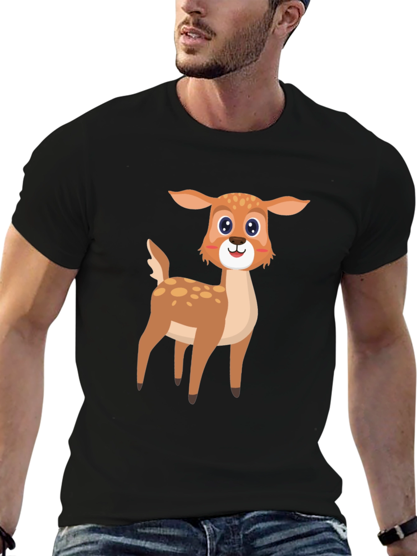 Cartoon Deer Graphic Tee - Black