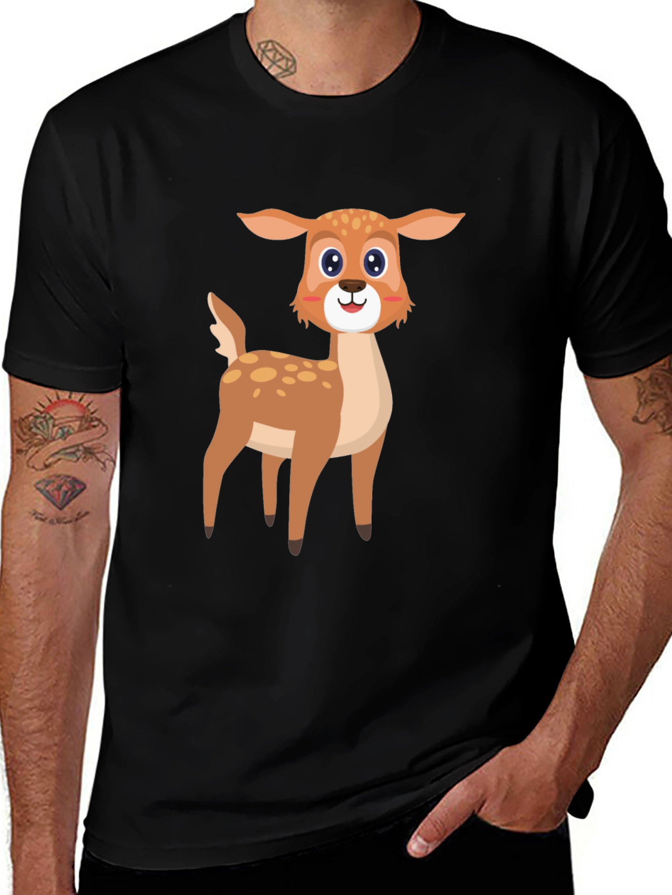 Cartoon Deer Graphic Tee - Black