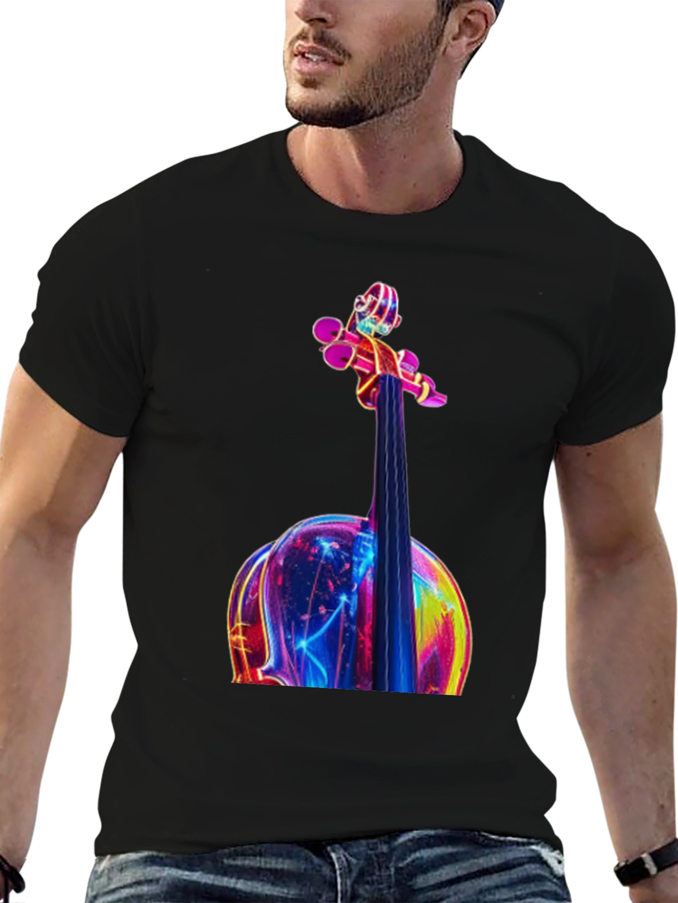 Neon Violin Graphic Tee - Black Casual T-Shirt
