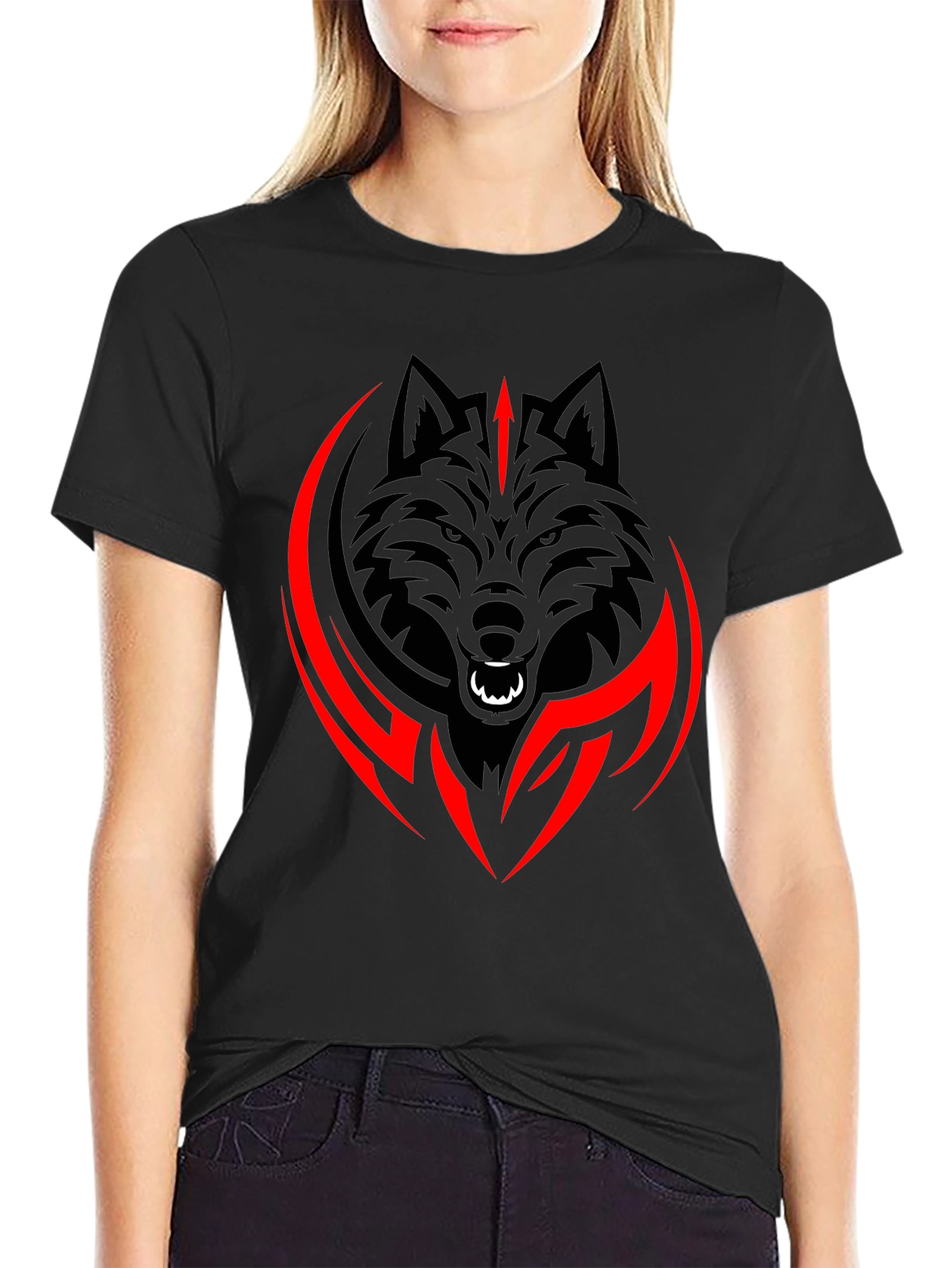 Black Wolf Graphic Tee - Tribal Style