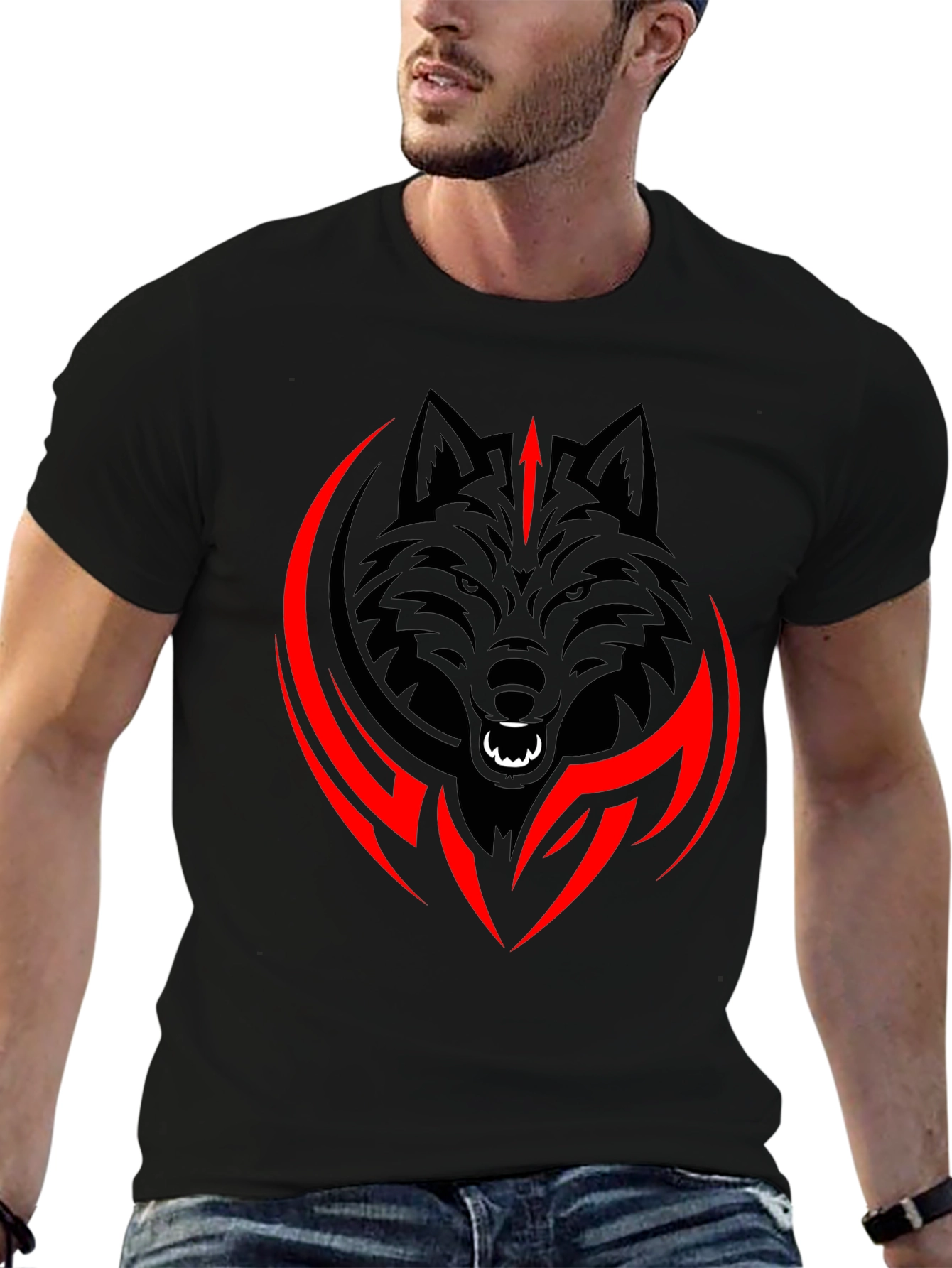 Black Wolf Graphic Tee - Tribal Style