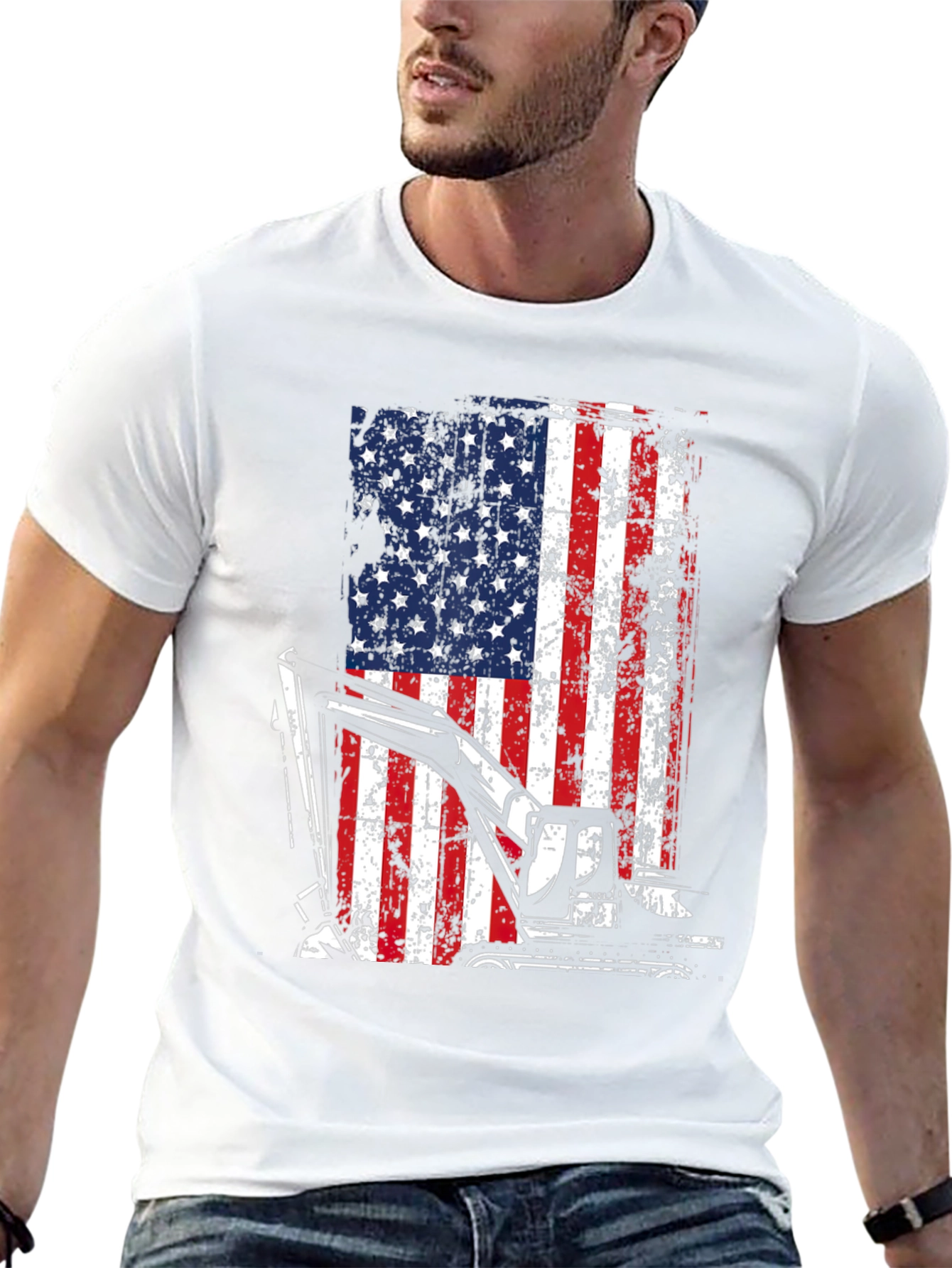 Patriotic Excavator T-Shirt - USA Flag Graphic Tee