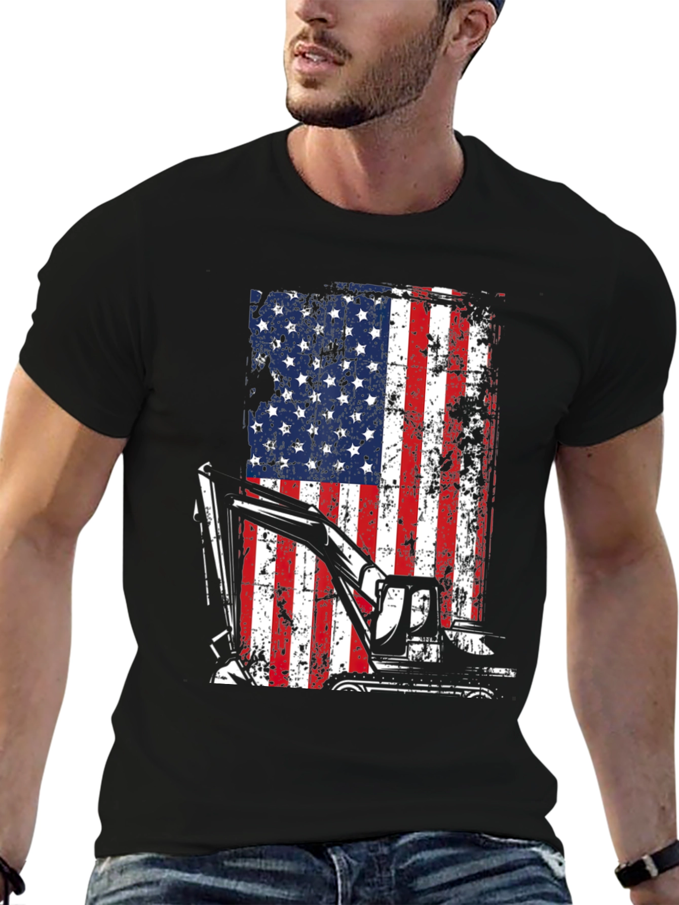 Patriotic Excavator T-Shirt - USA Flag Graphic Tee