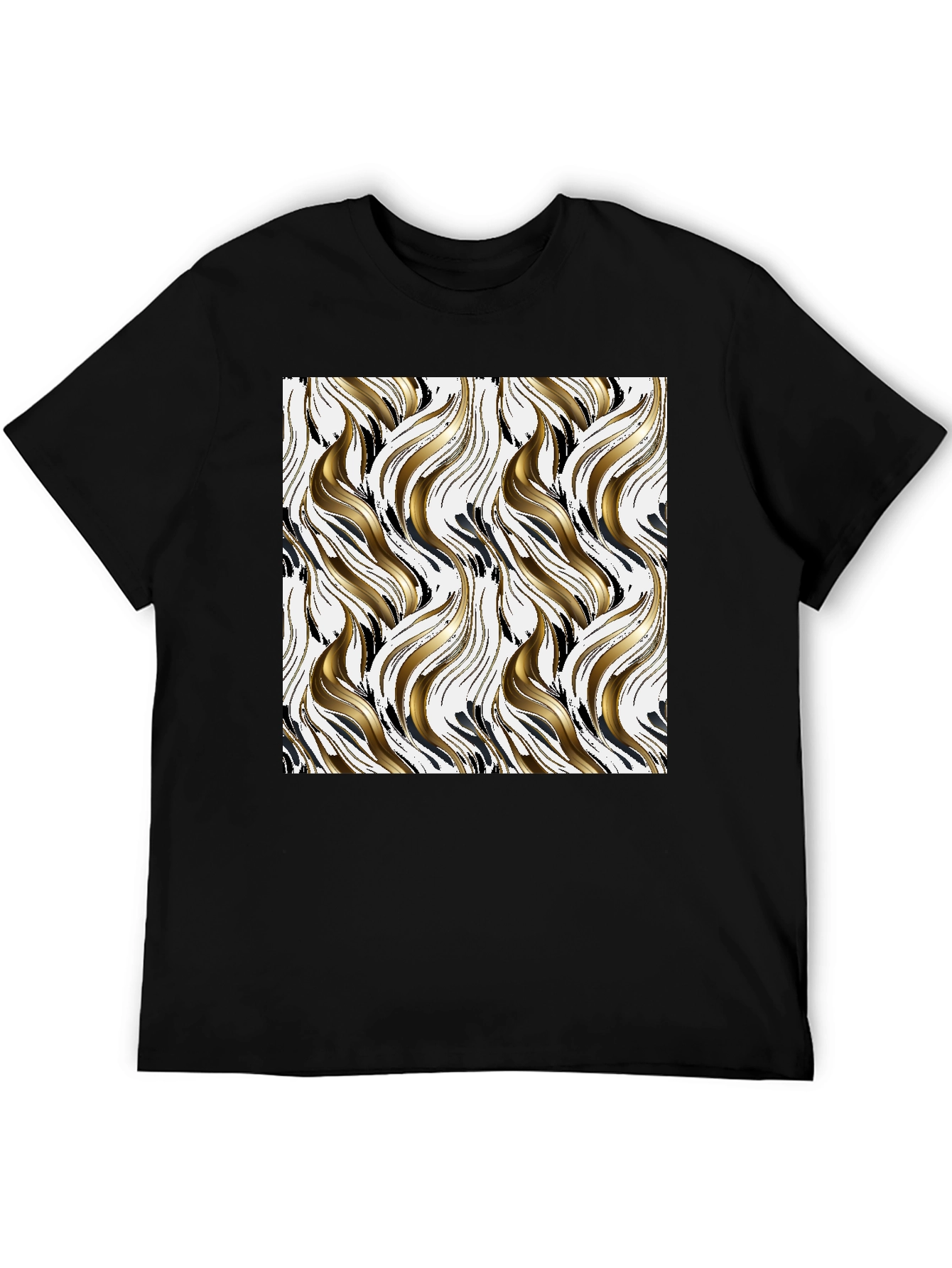 Stylish Black Tee with Abstract Gold & Black Pattern