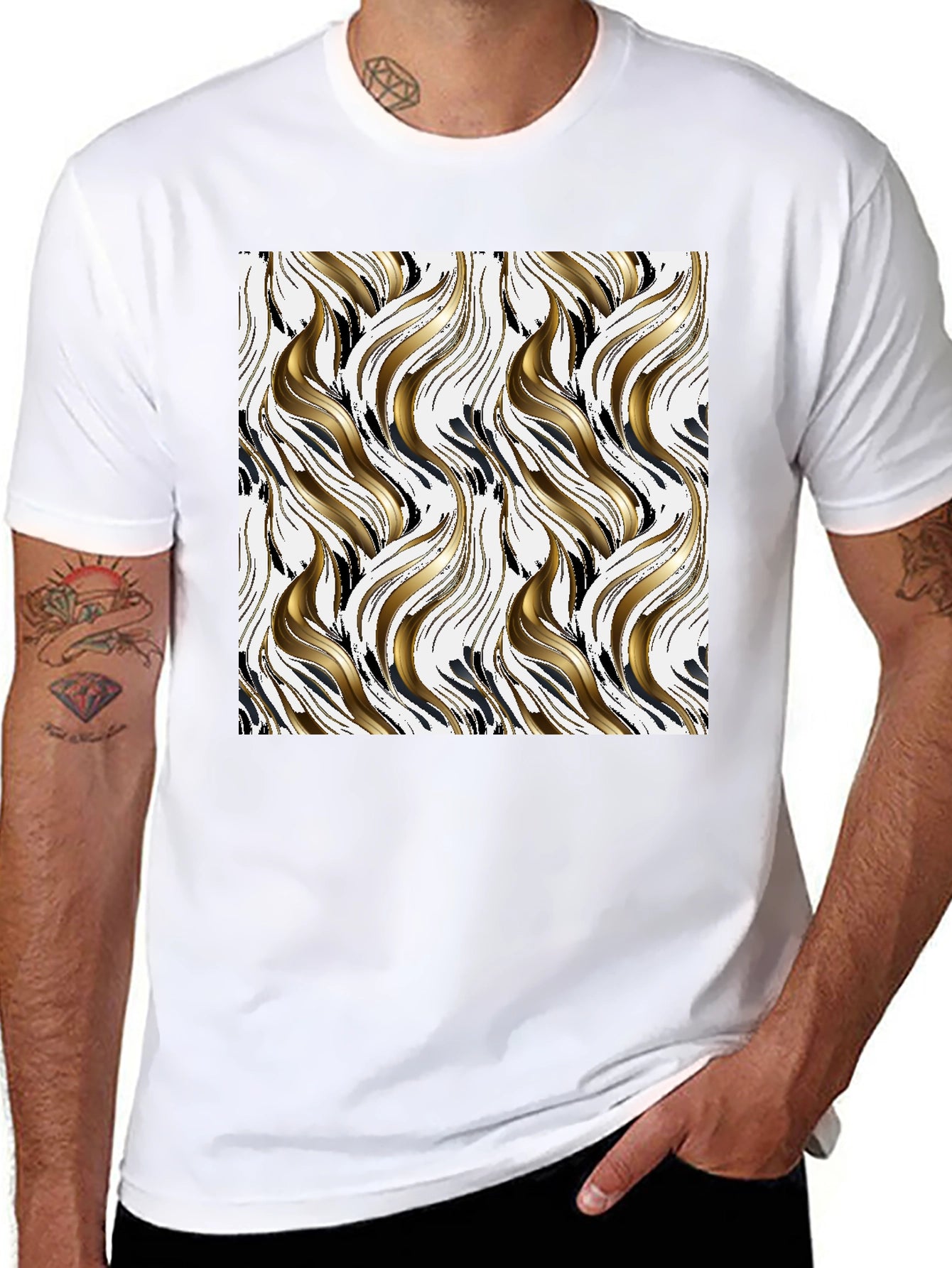 Stylish Black Tee with Abstract Gold & Black Pattern