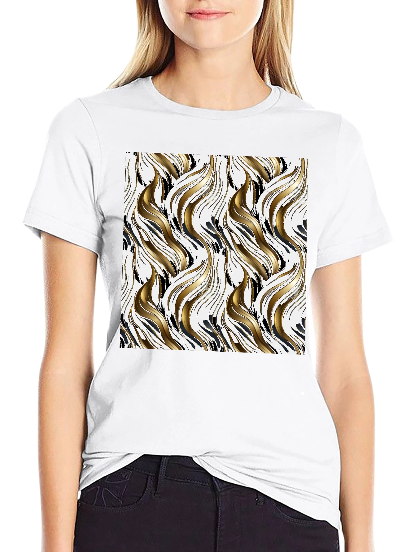 Stylish Black Tee with Abstract Gold & Black Pattern