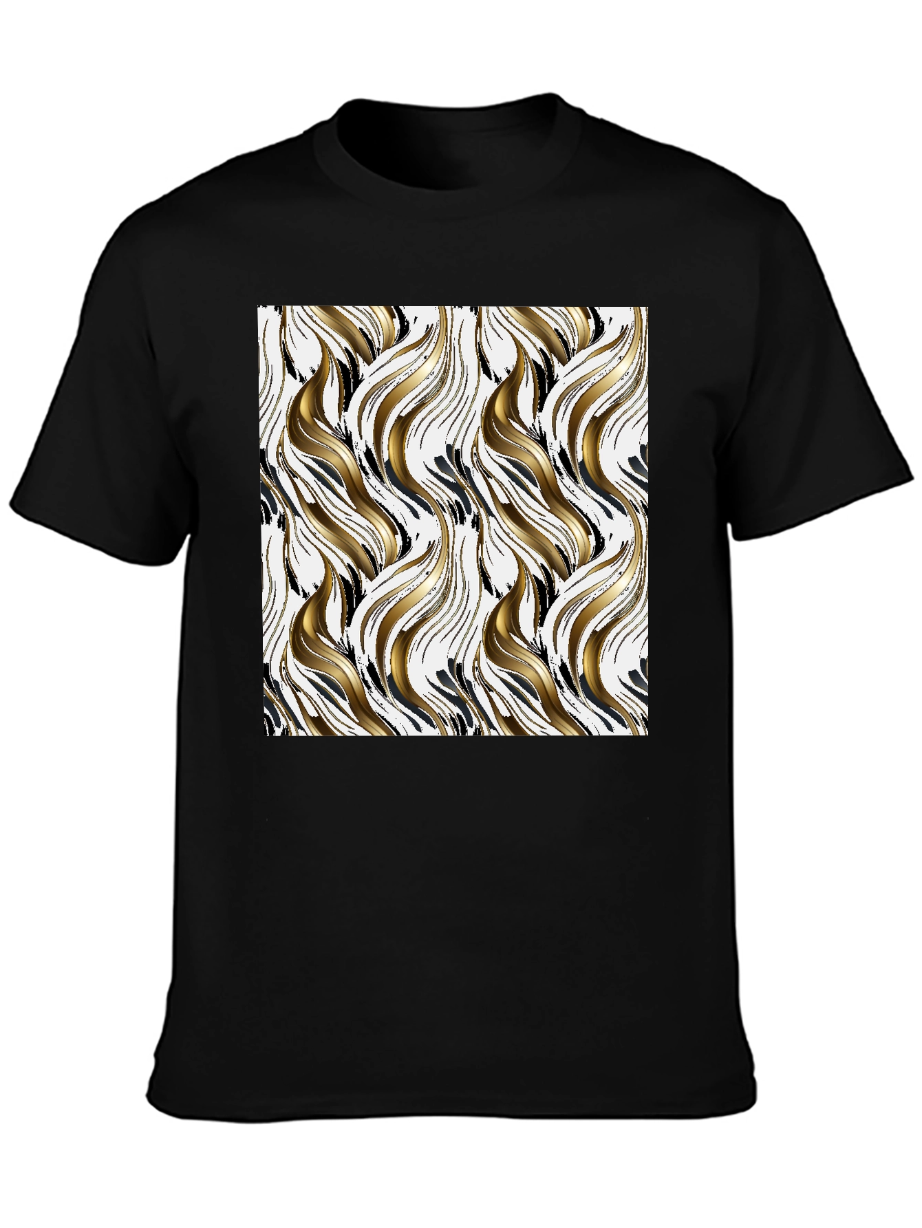 Stylish Black Tee with Abstract Gold & Black Pattern