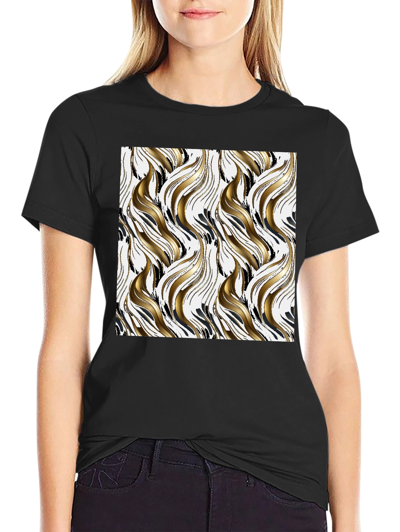 Stylish Black Tee with Abstract Gold & Black Pattern