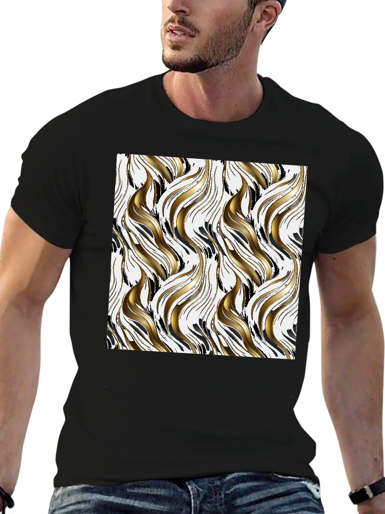 Stylish Black Tee with Abstract Gold & Black Pattern