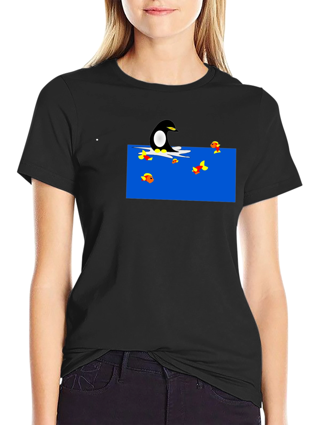 Penguin Fishing Cartoon Black T-Shirt