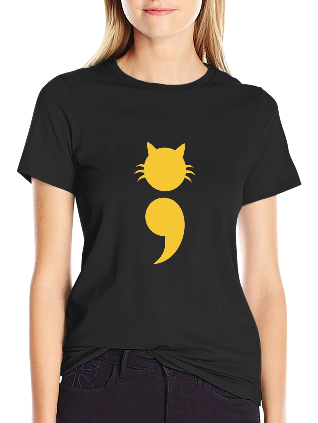 Cat Semicolon Graphic Tee - Black Cotton