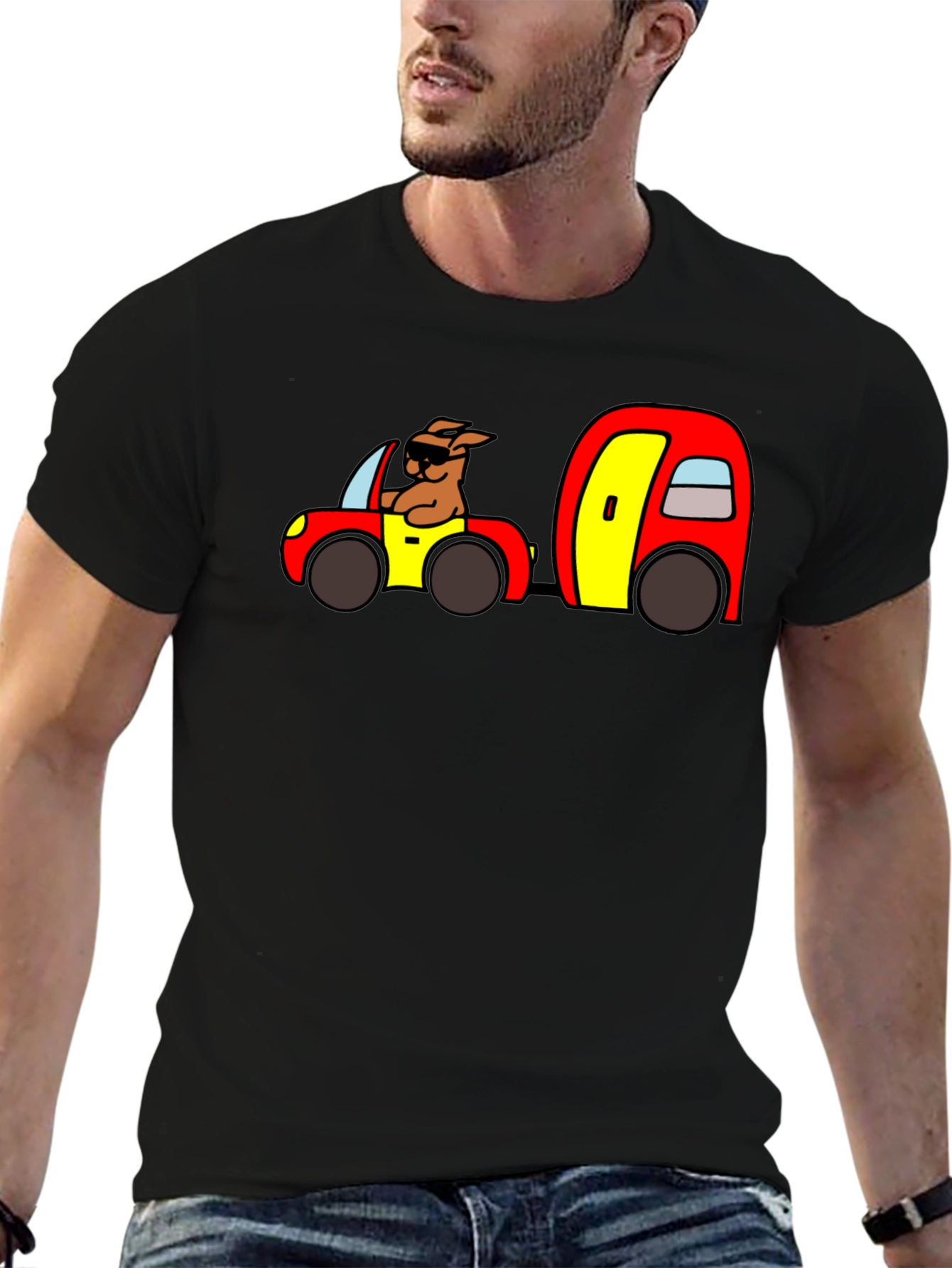 Cartoon Dog Driving Car Black T-Shirt