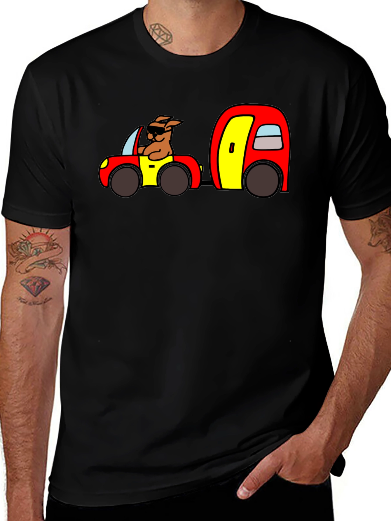 Cartoon Dog Driving Car Black T-Shirt