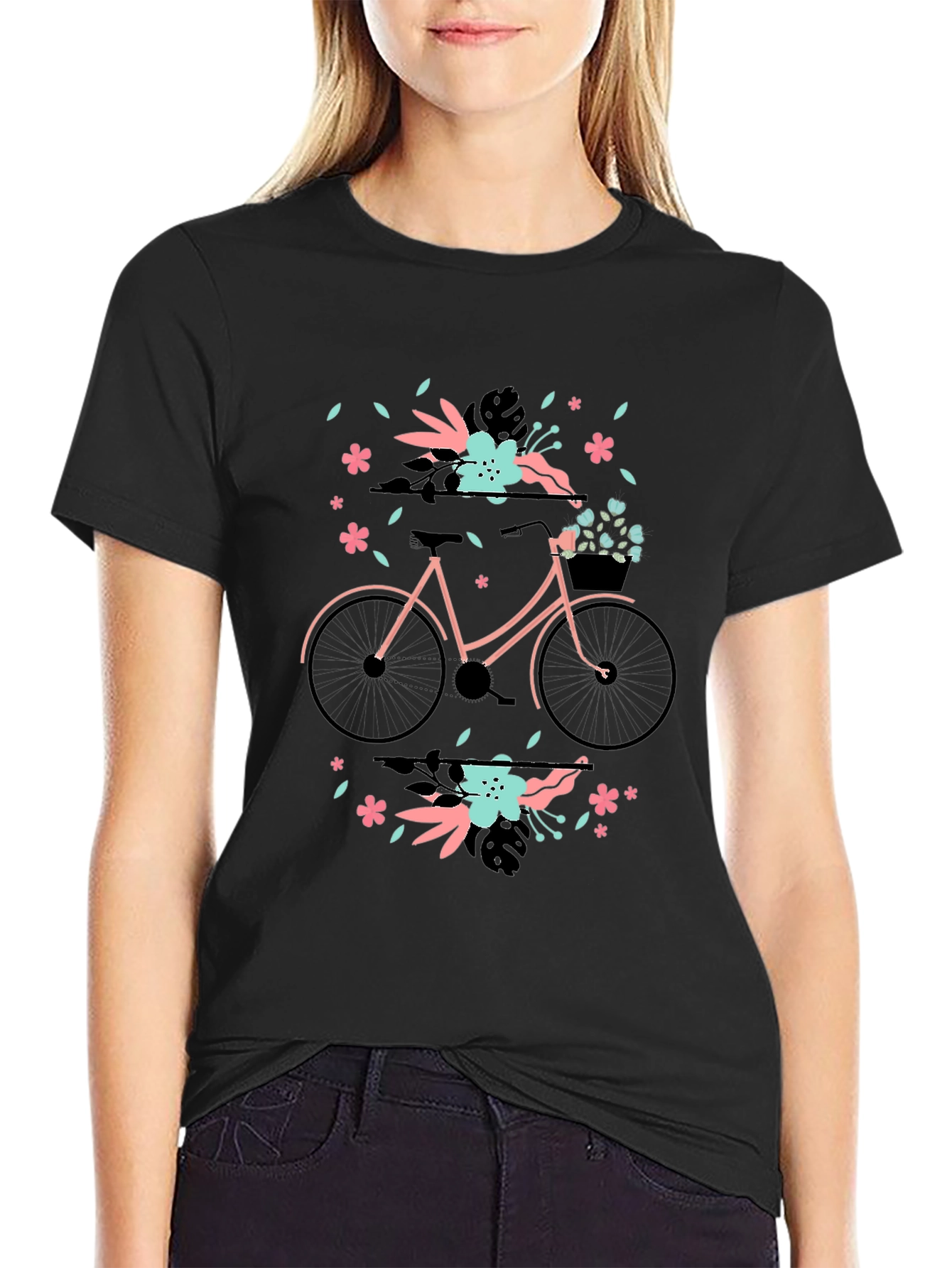 Floral Bicycle Graphic Tee - Black Cotton T-Shirt