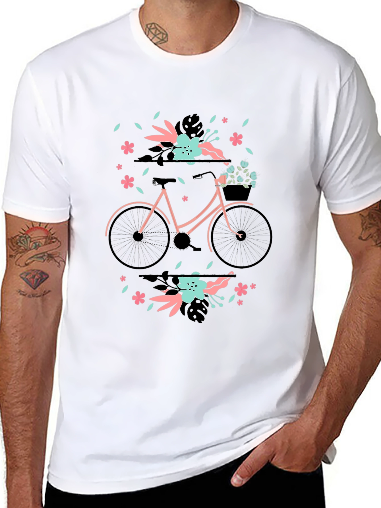 Floral Bicycle Graphic Tee - Black Cotton T-Shirt