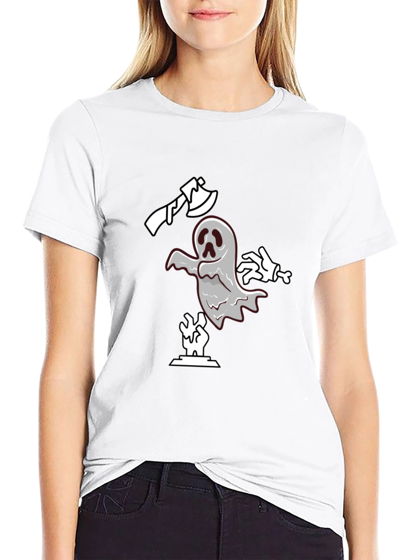 Spooky Ghost Graphic Tee - Black Cotton T-Shirt