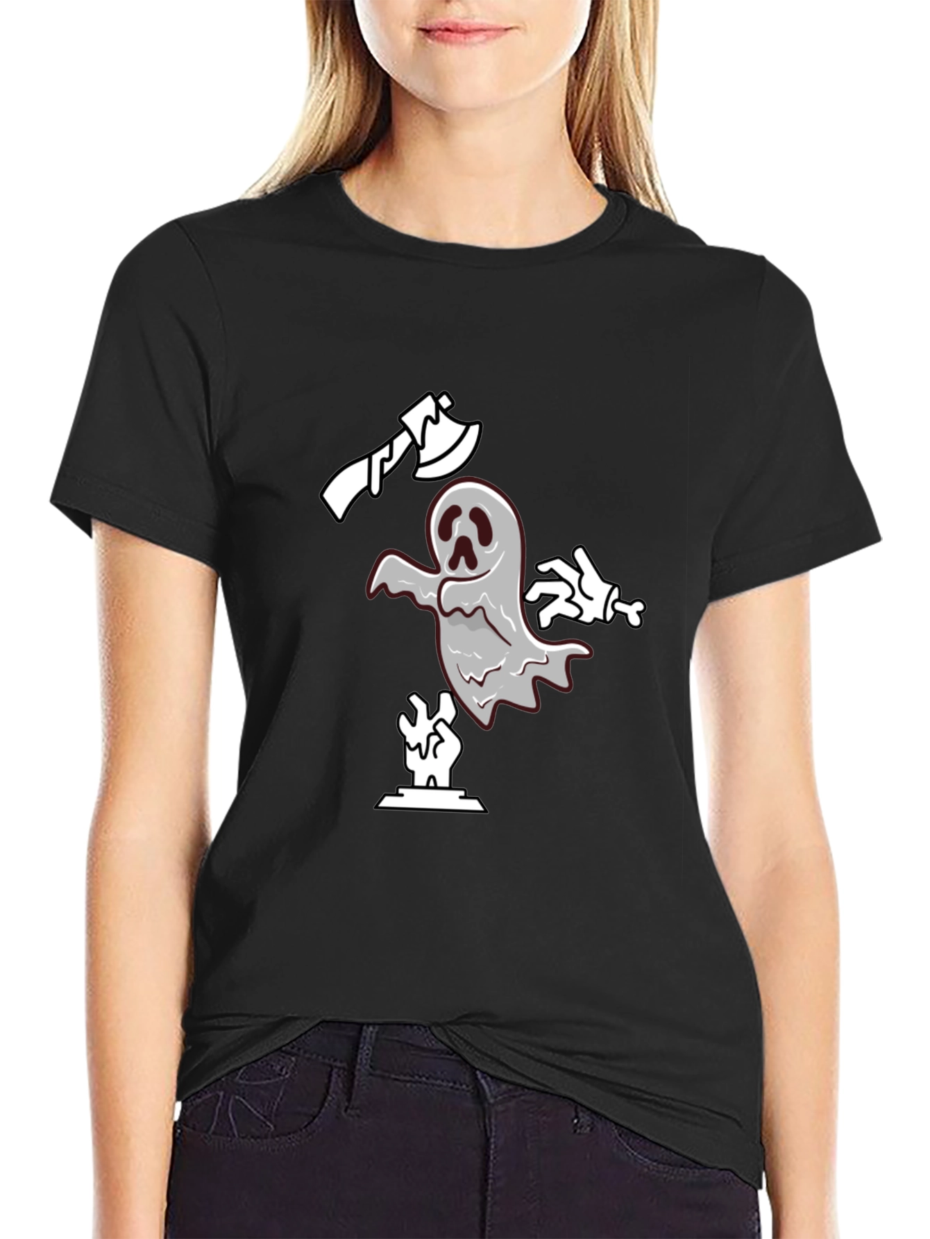 Spooky Ghost Graphic Tee - Black Cotton T-Shirt