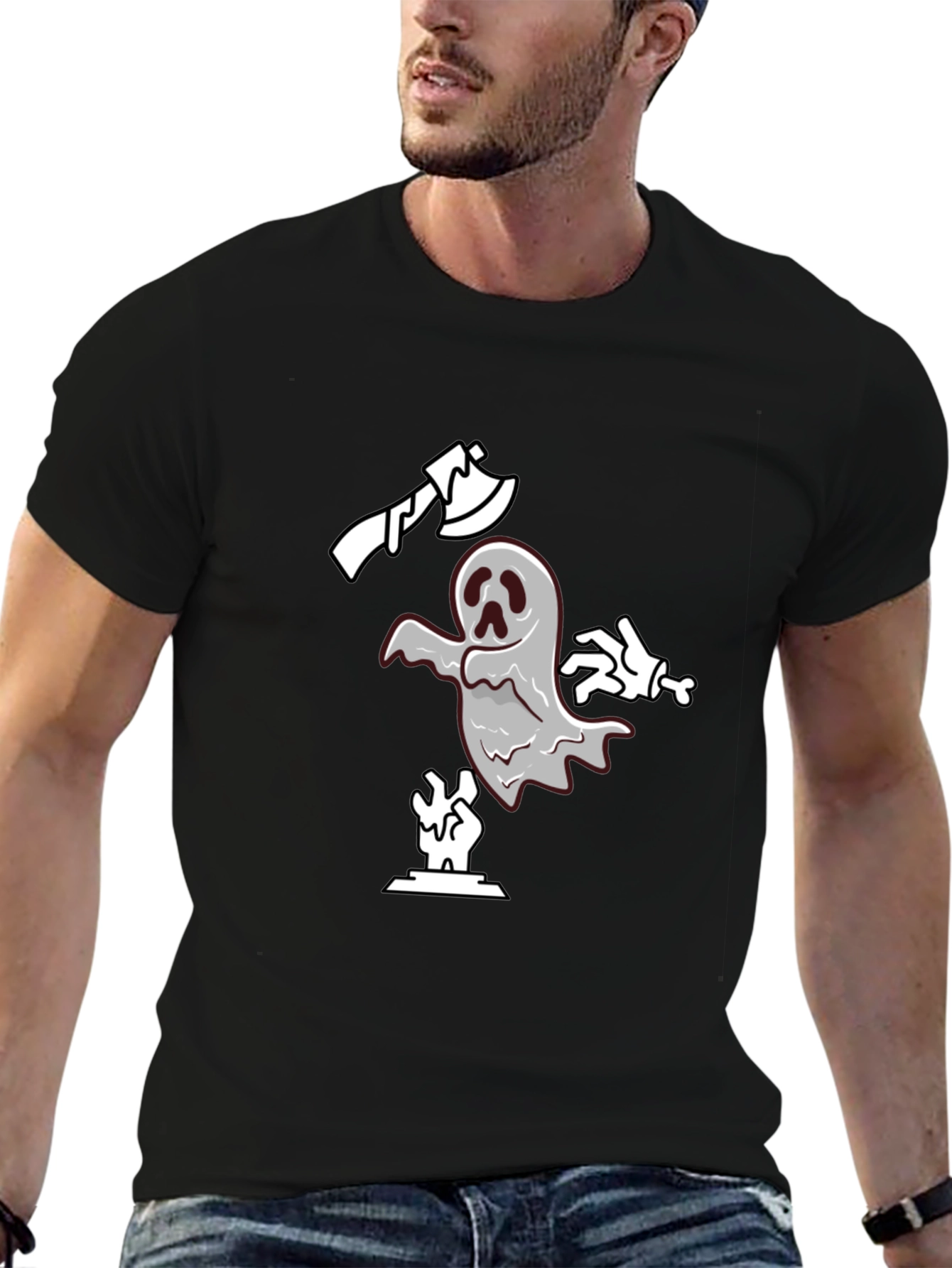 Spooky Ghost Graphic Tee - Black Cotton T-Shirt