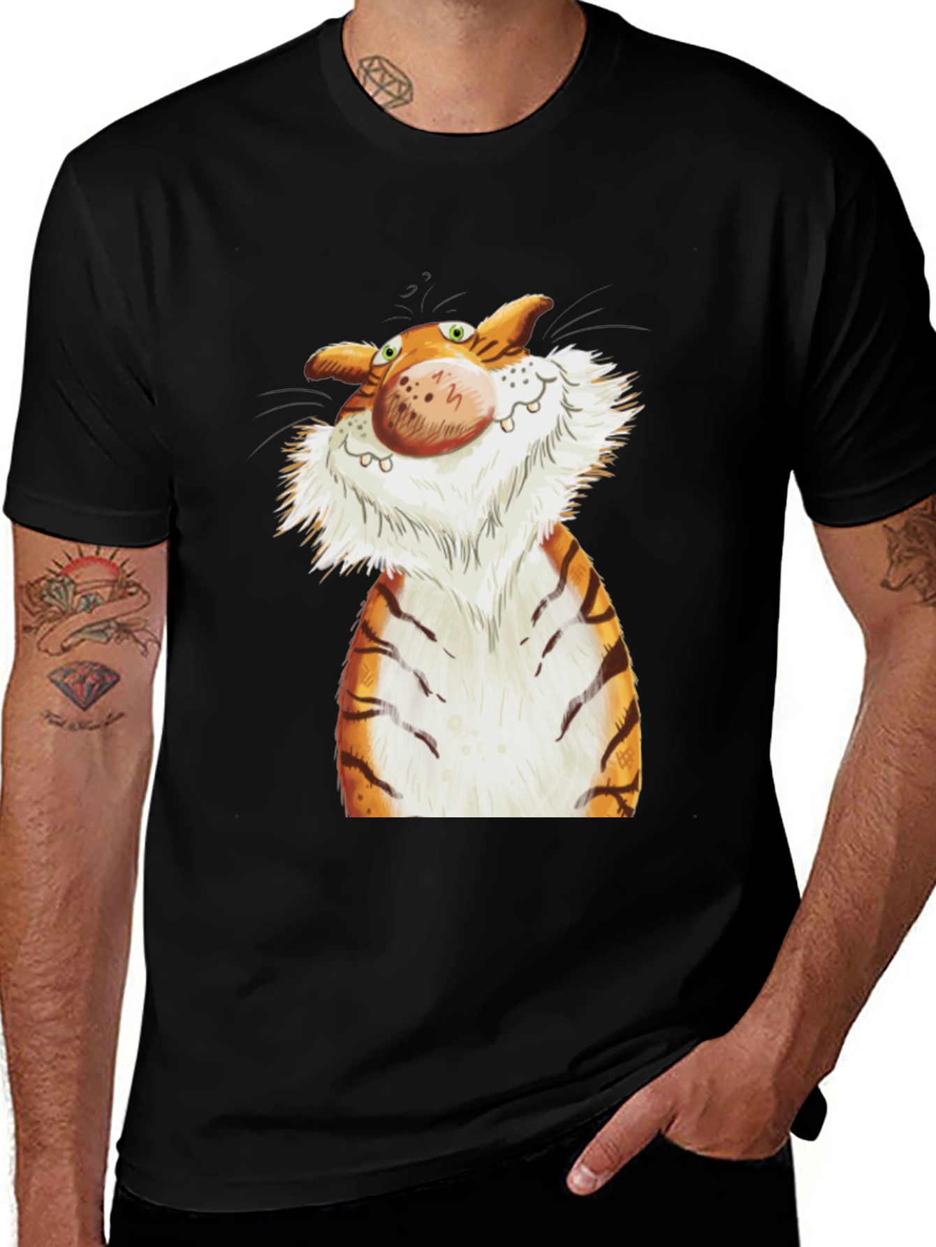 Cartoon Tiger Graphic Tee - Black Cotton T-Shirt