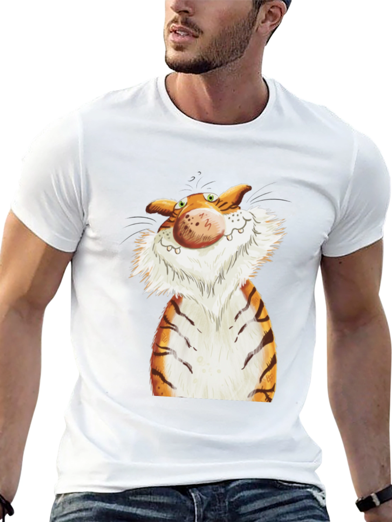 Cartoon Tiger Graphic Tee - Black Cotton T-Shirt