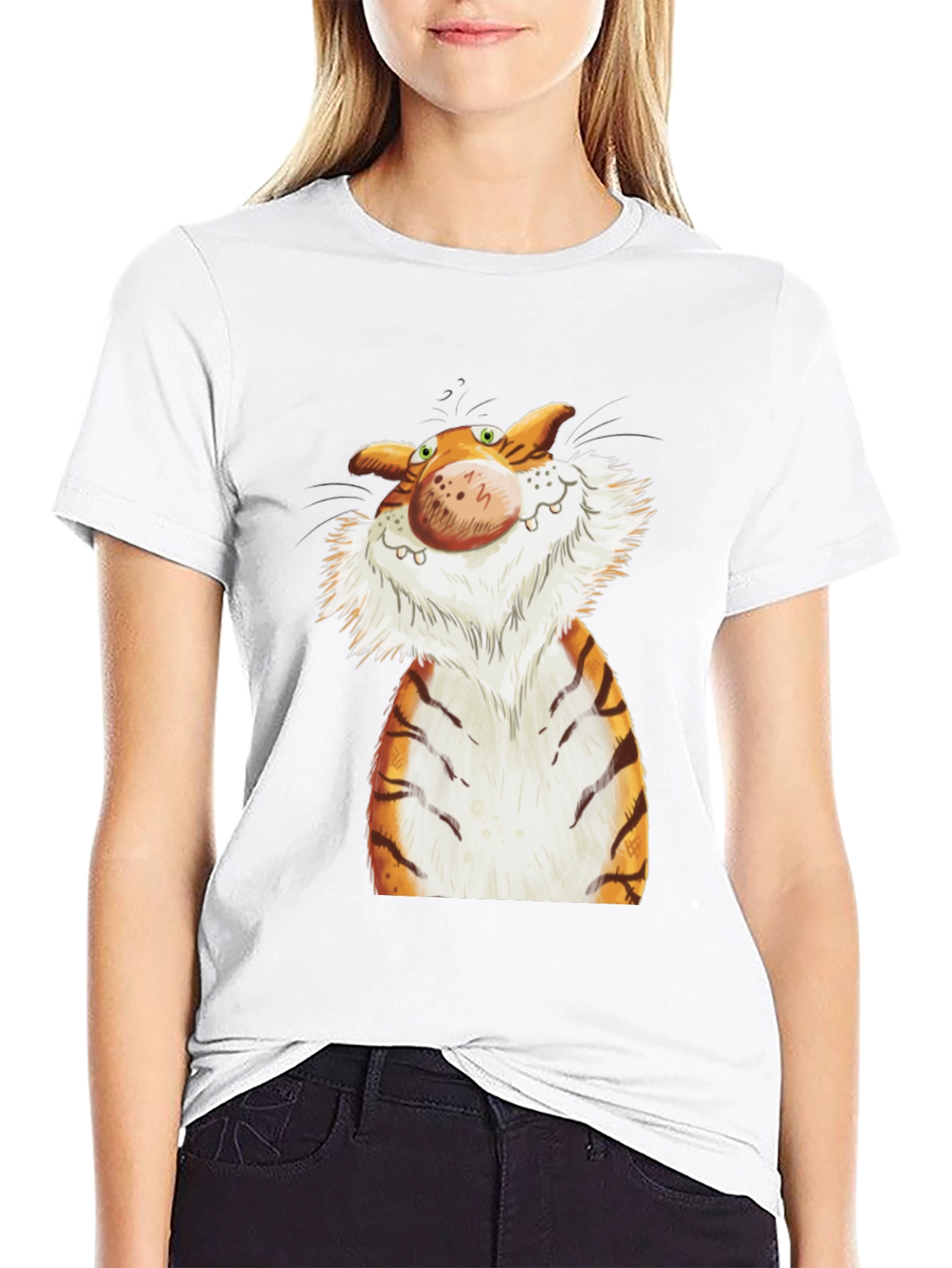Cartoon Tiger Graphic Tee - Black Cotton T-Shirt
