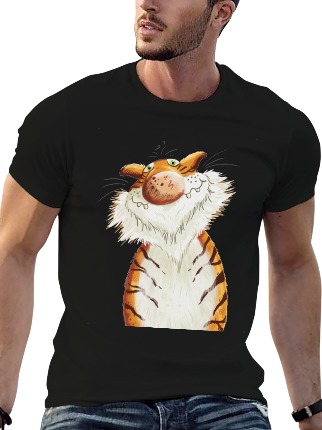 Cartoon Tiger Graphic Tee - Black Cotton T-Shirt