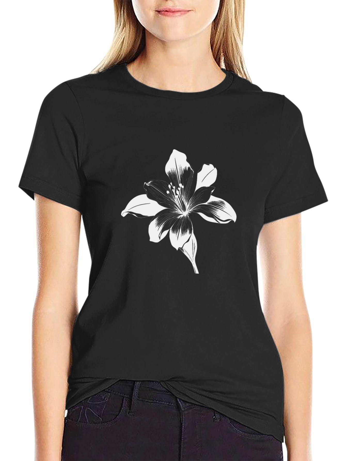 Black T-Shirt with Floral Lily Graphic