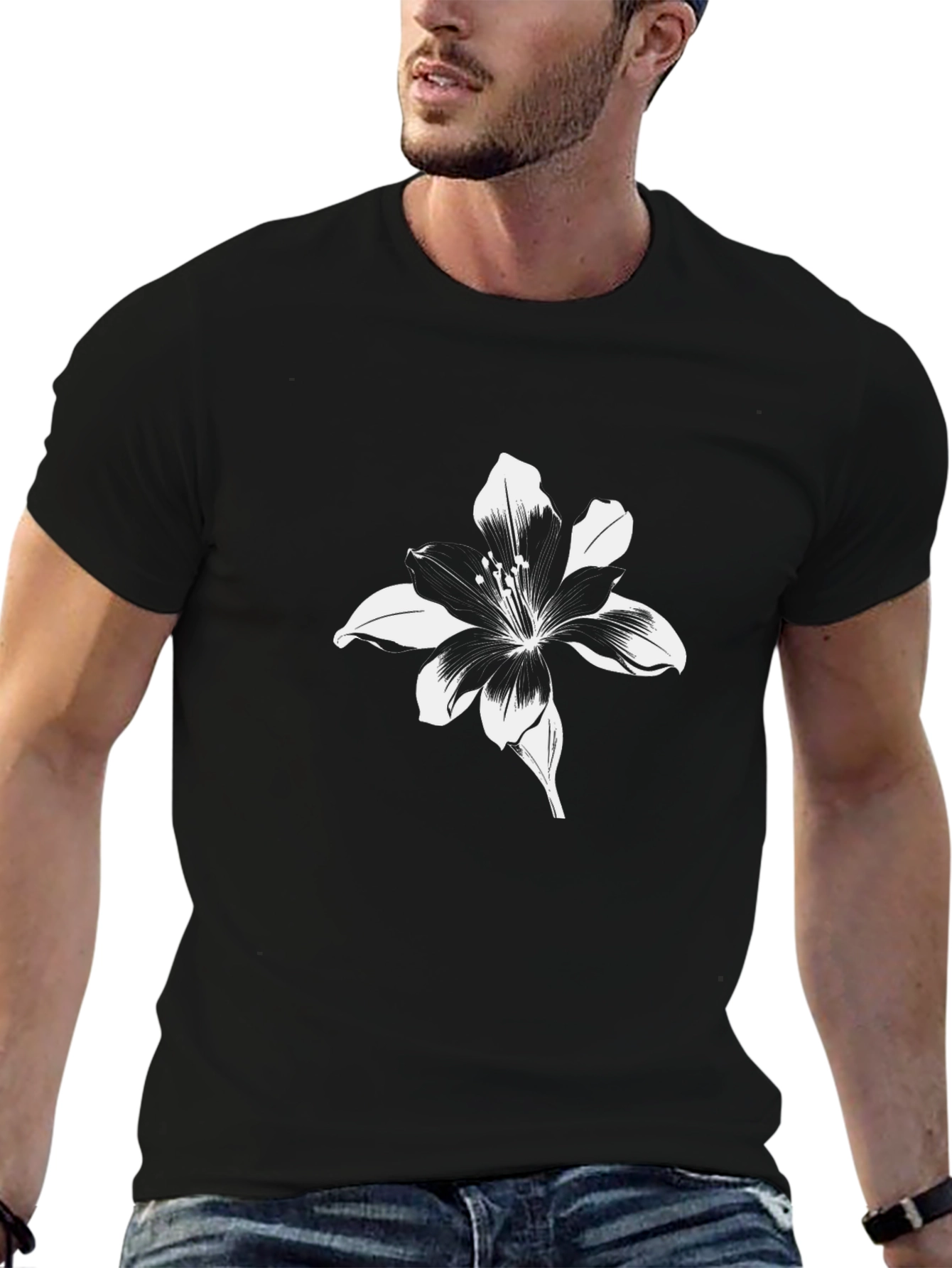 Black T-Shirt with Floral Lily Graphic