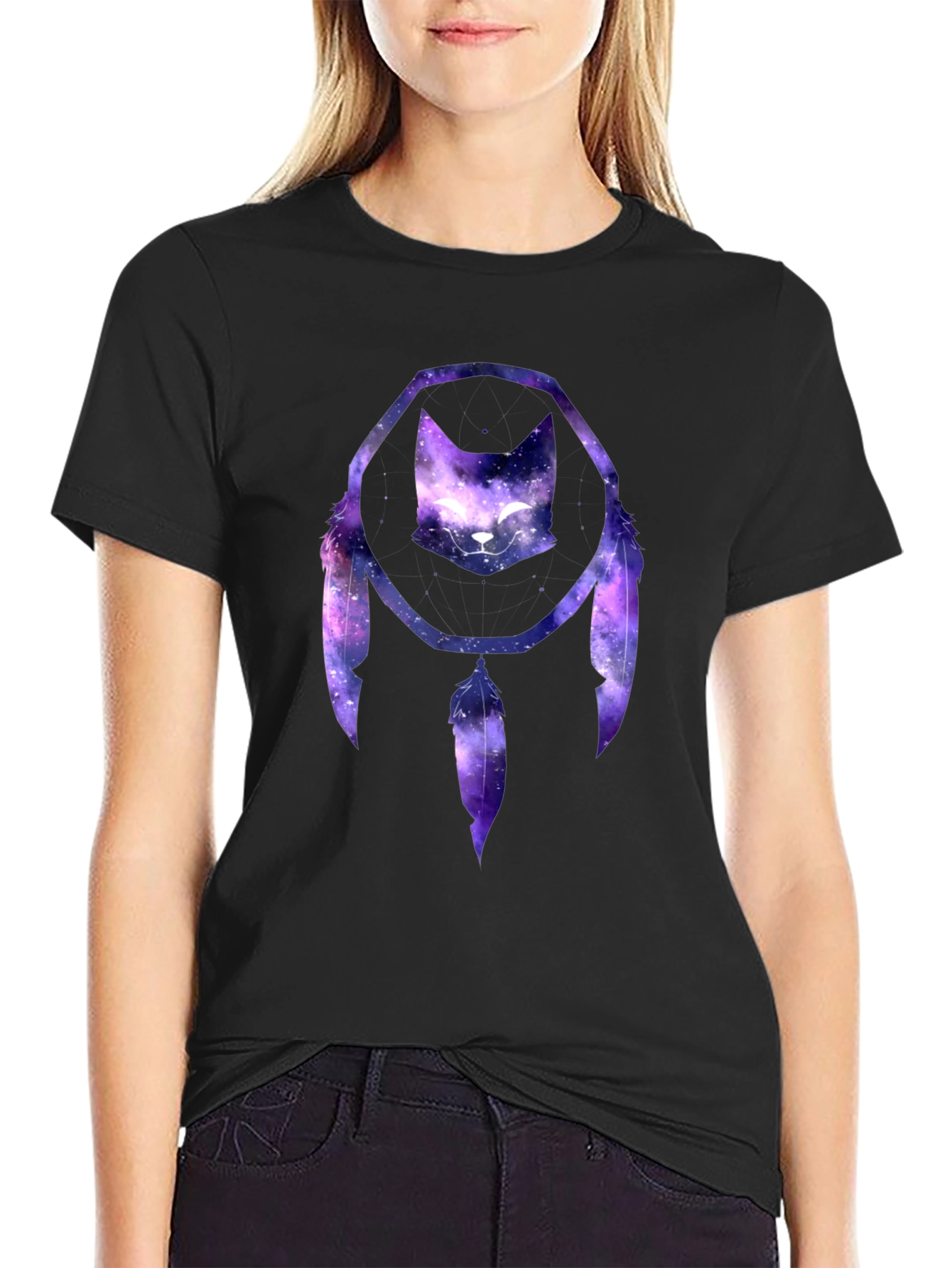 Cosmic Cat Dreamcatcher Black T-Shirt