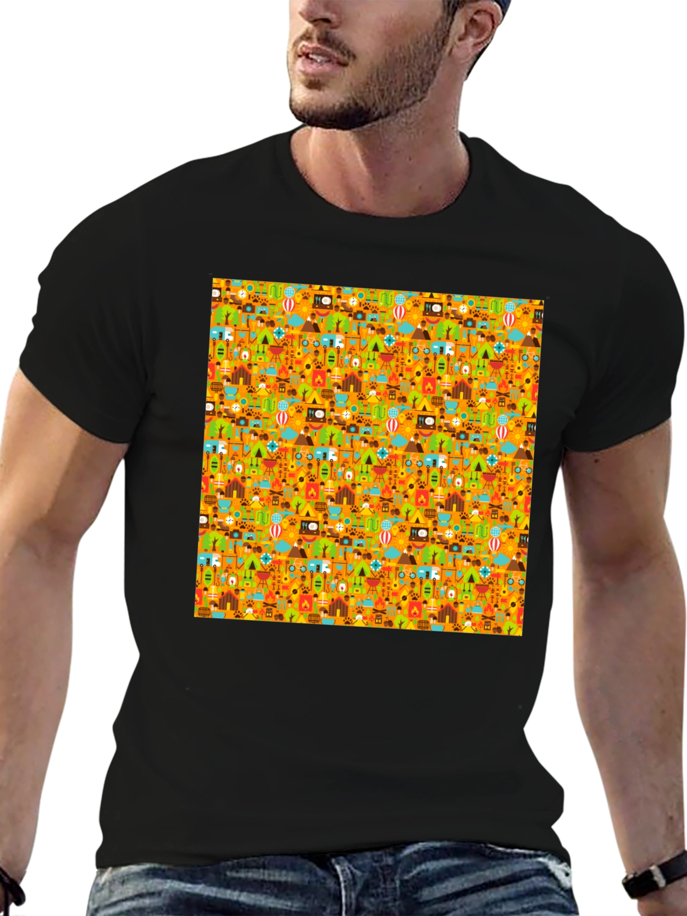 Camping Pattern Mens Black T-Shirt