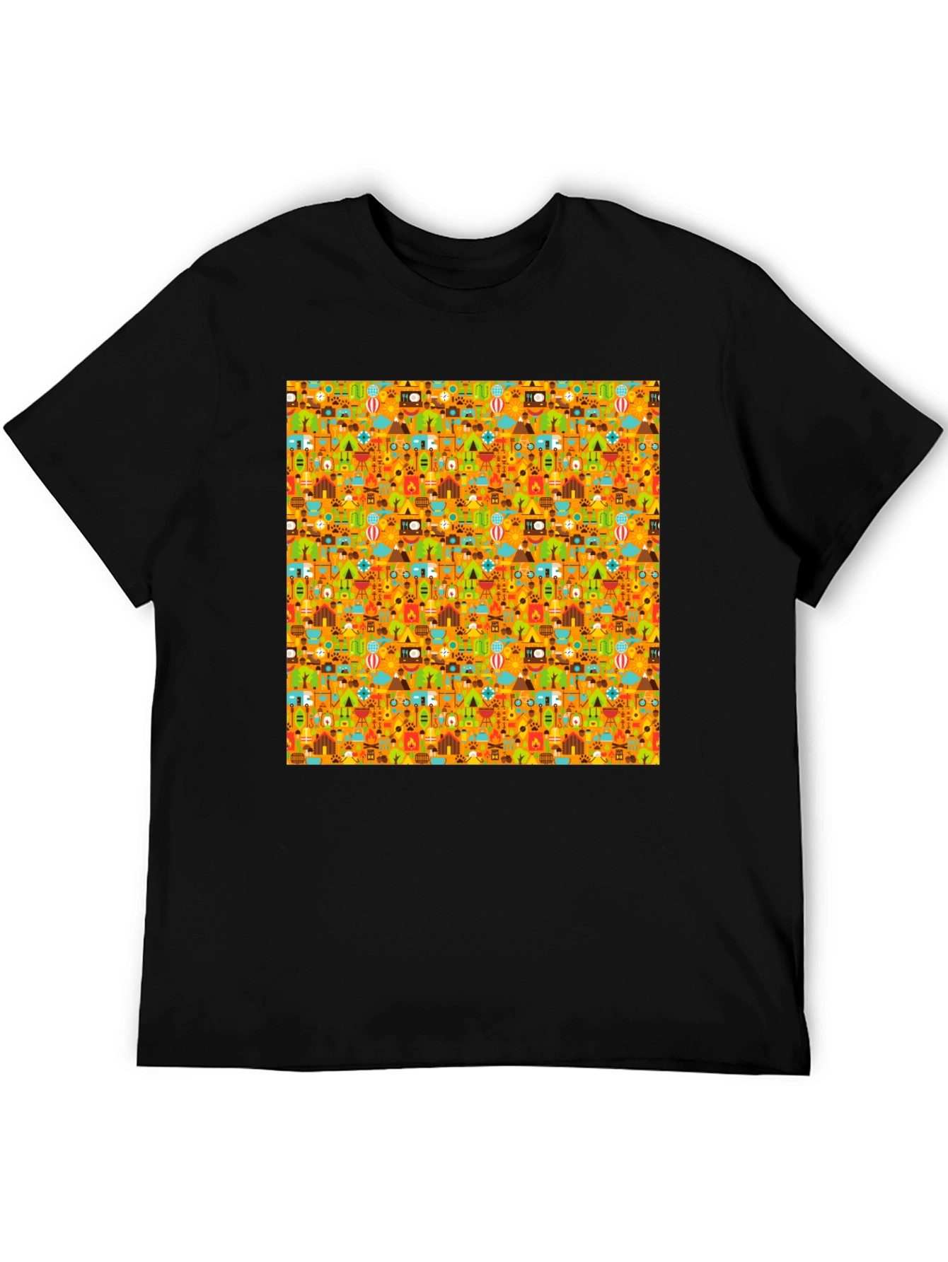 Camping Pattern Mens Black T-Shirt