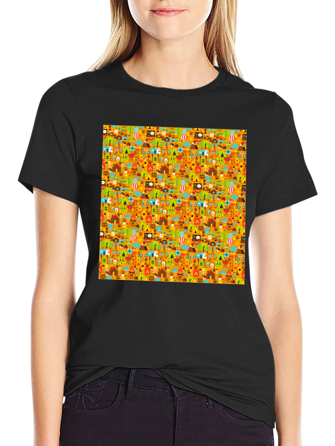 Camping Pattern Mens Black T-Shirt