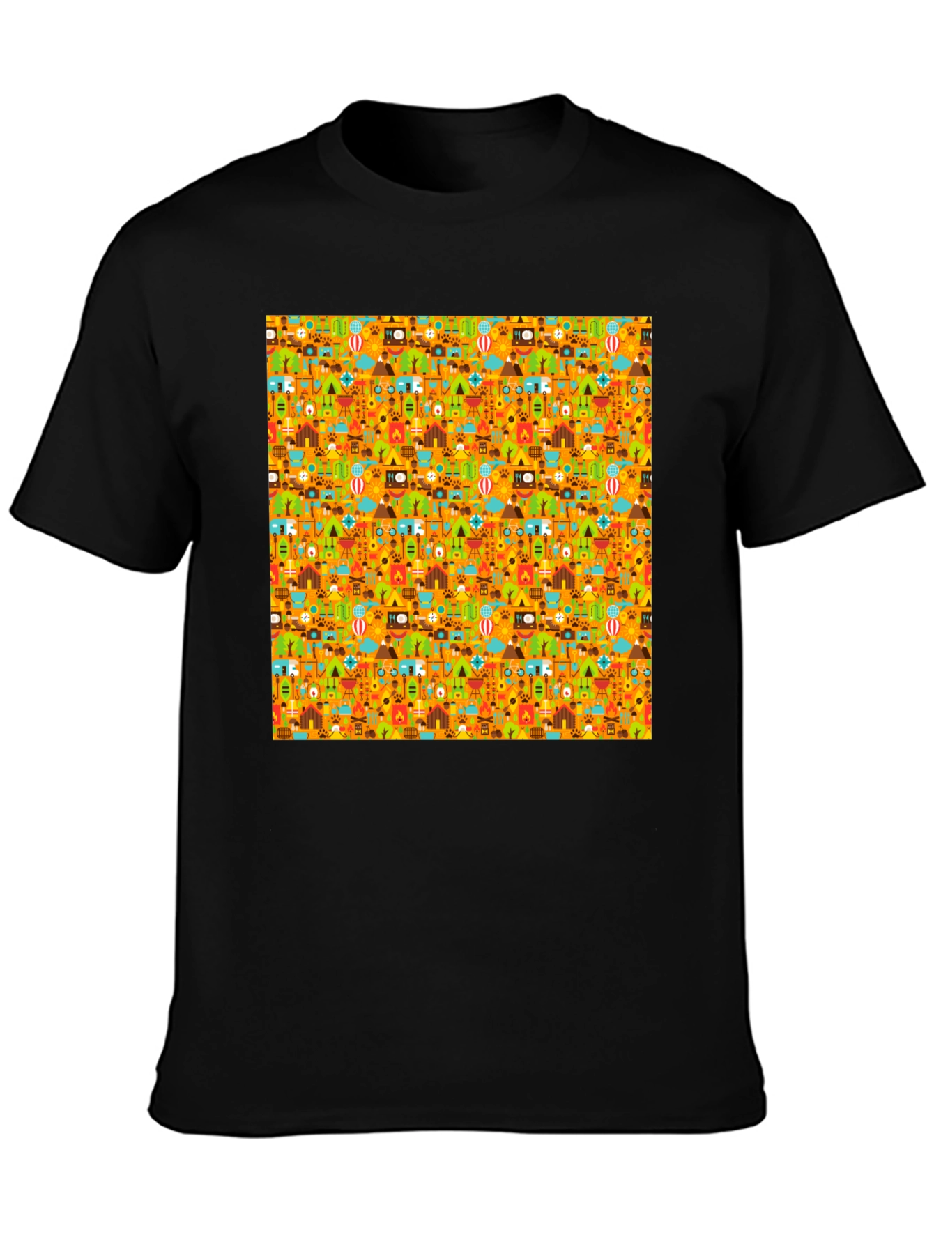 Camping Pattern Mens Black T-Shirt