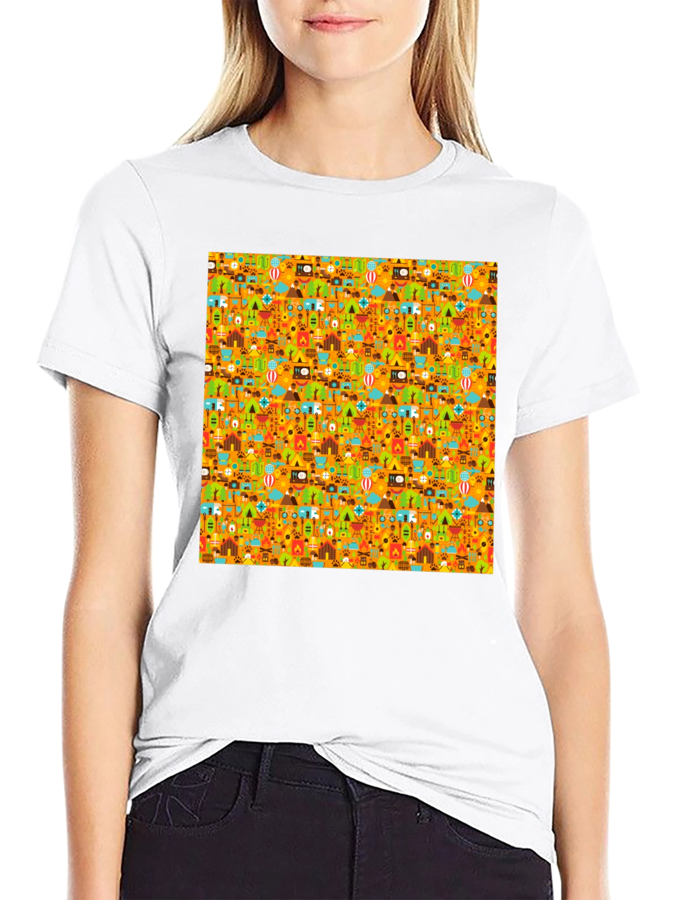Camping Pattern Mens Black T-Shirt